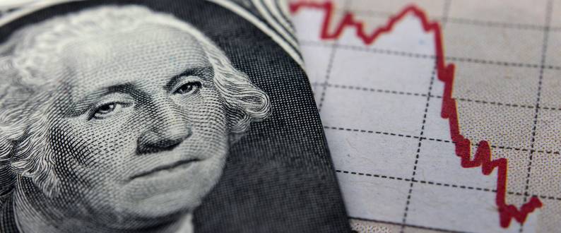 Stock Market Graph next to a 1 dollar bill (showing former president Washington). Red trend line indicates the stock market recession period